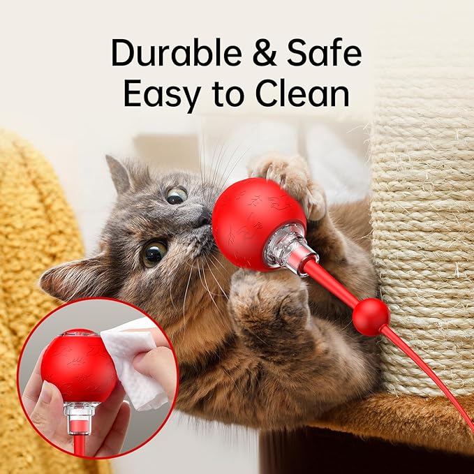 Interactive Cat & Dog Toys for Indoor Pets, Automatic Electric Self Rotating Ball with Chirping Sound, Motion Activated Long Tail - Smart Spinning Ball for Fun Exercise, Cats and Dogs Play, Red