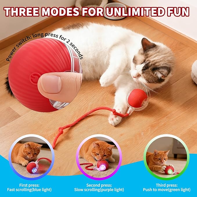 Smart Interactive Cat Toys for Indoor Cats, Motion Activated Cat Balls, Smart Obstacle Avoidance & 3 Speeds, Quiet Moving Dog Ball, Electric Toy Ball for Bored Indoor Cats & Dogs, Red