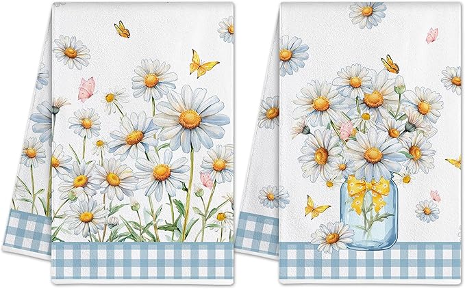 Hexagram Daisy Kitchen Towels Set of 2, Daisy Decor Gifts for Women, Funny Cute Housewarming Dish Hand Towels for Home Kitchen Decor