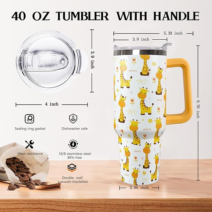 Ceovfoi 40 Oz Giraffe Tumbler With Lid and Straw, Stainless Steel Insulated Coffee Travel Mug, Giraffe Gifts for Lovers, Safari Decor Accessories