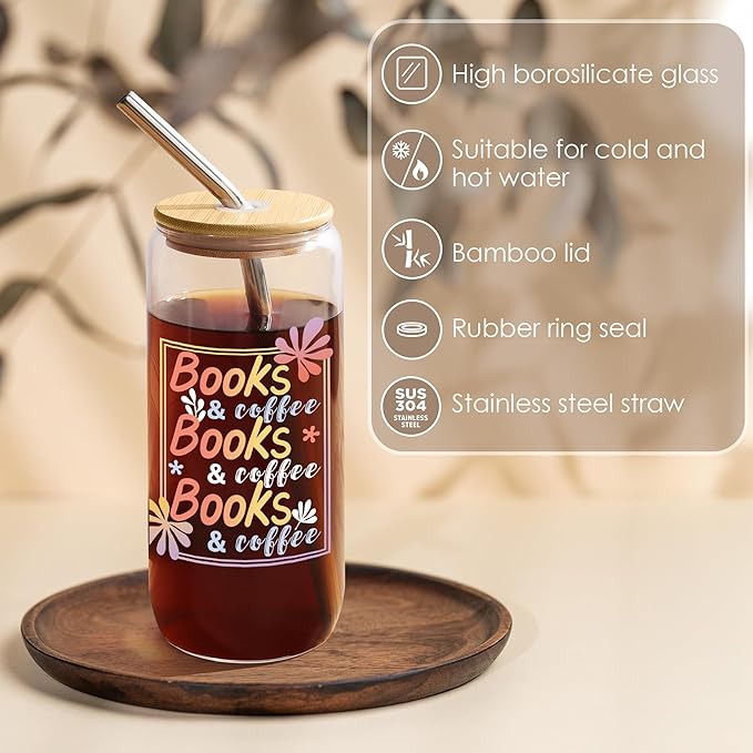 Joeyan Glass Cups with Lids and Straws - 20oz Iced Coffee Cup, Books Coffee Lover Glass Tumbler, Aesthetic Reading Drinking Glasses for Smoothie Boba Tea, Book Lover Gift for Women, Reader, Friend