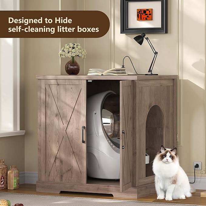 Hey-brother Enclosure for Self Cleaning Cat Litter Box, Large Hidden Litter Box Furniture with Charging Station, Suitable for Automatic Cats Litter Boxes and Robot, Vintage, Rustic Gray JCLB004SG