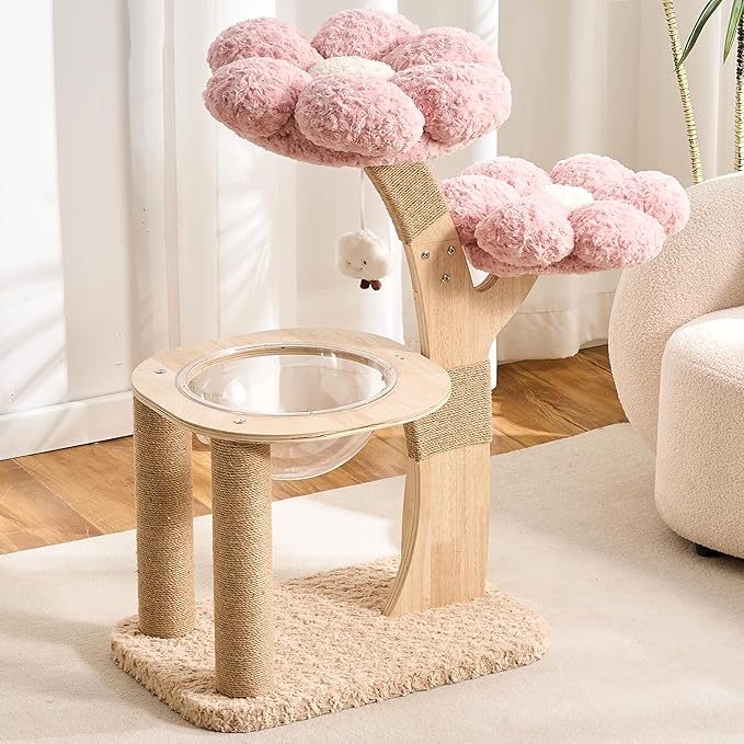 HITTITE Flower Cat Tree with Scratching Post, 36 Inches Cute Cat Tower with Wooden Branch Design, Modern Cat Climbing Tower with Flower Perches and Space Capsule for Indoor Cats Large Adult. Pink
