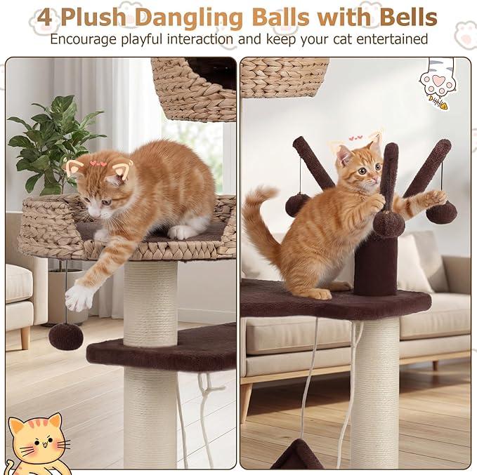 Tangkula Modern Cat Tree Tower, Multi-Level Tall Activity Center with Natural Sisal Scratching Posts, Hammock, Hand-Made Cattail Cute Condo with Funny Toy Balls (Brown)