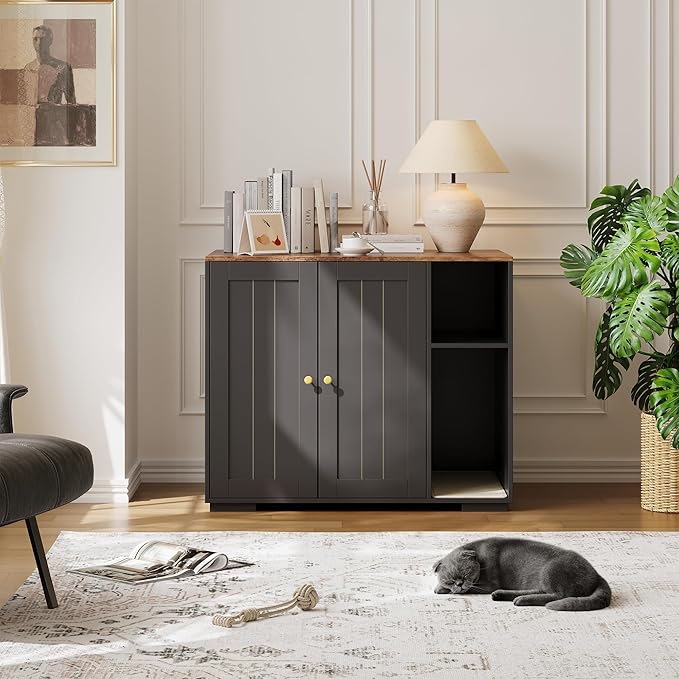 Garvee Dog-Proof Large Cat Litter Box Enclosure with Scratch Pad, Large Automatic Litter Box Furniture for Placing Self-Cleaning Litter Box,Litter Cabinet with Outlet,Space for Cat Stuffs