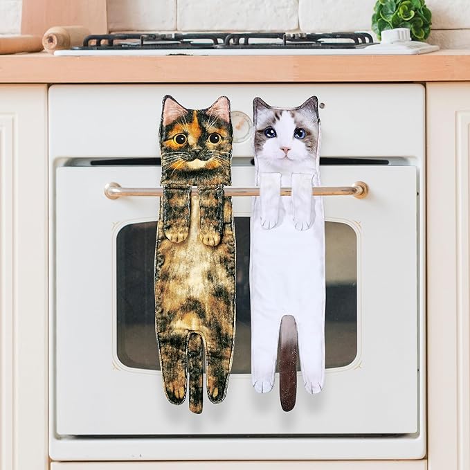 Funny Hand Towels for Bathroom Kitchen Decor - Cute Cat Hanging Hand Towel Kitchen Gadgets - Unique Housewarming Birthday Christmas Cat Lover Gift Ideas for Women Mom Lady Adults