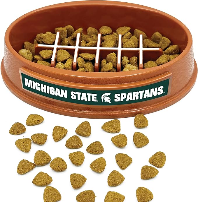 NCAA Super-Bowl - Michigan State Spartans Slow Feeder Dog Bowl. Football Design Slow Feeding Cat Bowl for Healthy Digestion. Non-Slip Pet Bowl for Large & Small Dogs & Cats