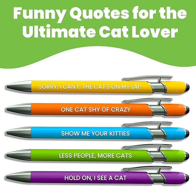 rubyloo Funny Cat Lover Gift Pen Set – 5 Black Ink Ballpoint Pens with Stylus Tip & Metal Barrel with Kitty-Themed Quotes – Crazy Cat Mom Gifts for Women, Friends, Pet Owner, Coworker, Birthdays