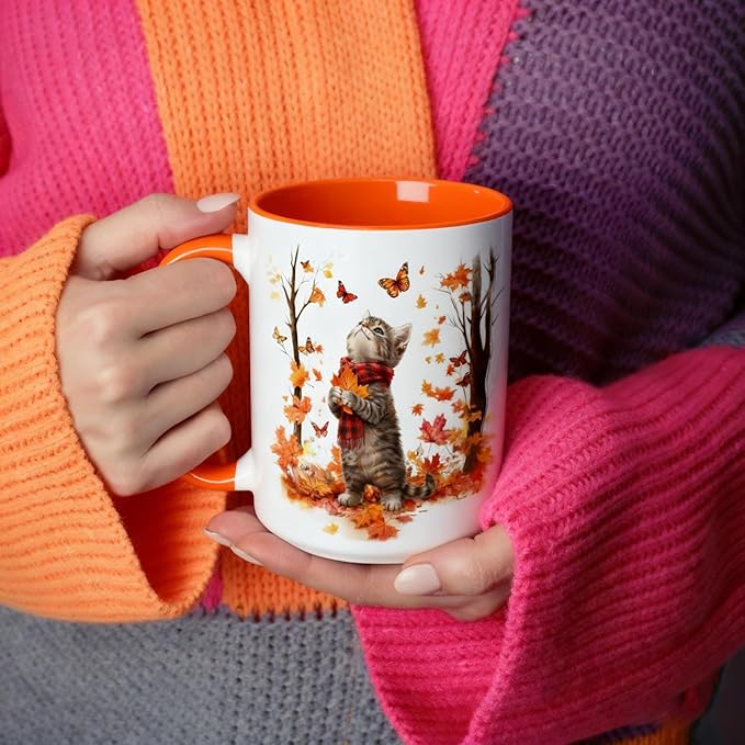 Cute Cat Coffee Mug for Cat Lovers, Fall Maple Leaf Kitten Mug, 15oz White Large Ceramic Tea Cup with Orange Handle, Ideal for Hot & Cold Drinks, Fun Novelty Gift for Women and Coworkers