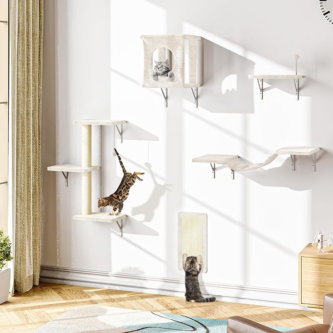 10 Pcs Cat Wall Shelves Set, Wall-Mounted Climber with Cat House, Scratching Post, Bridge, Hammock, Space-Saving Play Furniture, Beige