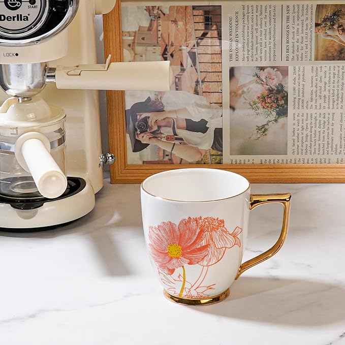 Ceramic Coffee Mug - 15 oz Tea Cup with Cosmos and Anemone Pattern, Porcelain Floral Mug for Home, Mother's Day Gift for Mom and Wife