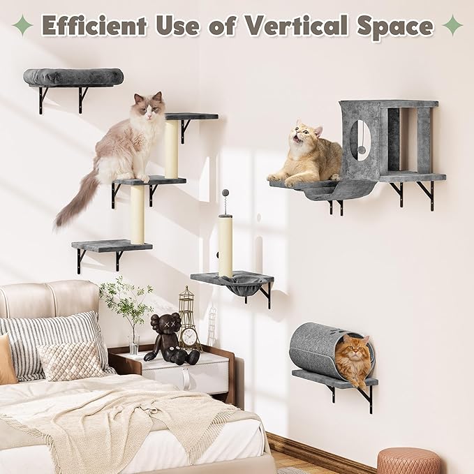Cat Wall Shelves, 7-in-1 Wall Mounted Cat Climber Set, Indoor Cat Furniture – Includes House, Tunnel, Bridge, Steps, Scratcher, Hammock, Shelves, Gray