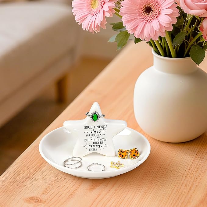 PUDDING CABIN Best Friend Gift - Good Friends are Like Stars Ceramic Jewelry Dish, Star-Shaped Ring Holder for Vanity, Friendship Gift for Women, BFF, Sister