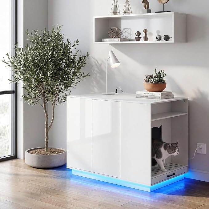 Large Hidden Litter Box Furniture with Led Light & Power Outlets, Modern Cat Litter-Box Enclosure for Self-Cleaning Litter Boxes, Indoor Wooden Storage Cat Cabinet, High-Gloss White