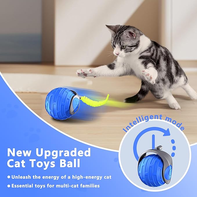 Cat Toys,Interactive Cat Toys Ball for Bored Indoor Cats,Automatic Rolling,Drop Resistant and Obstacle Avoidance,2 Modes Adjustment,Fluffy Tail and USB Type-C Rechargeable（Blue）