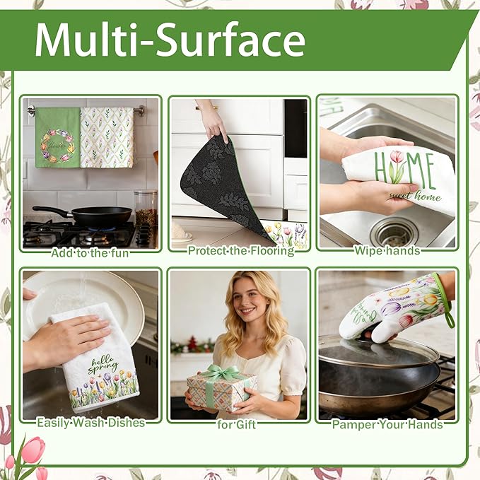 10 Pcs Tulip Floral Spring Style Kitchen Decor and Accessories Set 4 Kitchen Towels 2 Pot Holders 2 Oven Mitts 2 Rugs for Cooking Baking Mom Housewarming Gifts(Green and White)