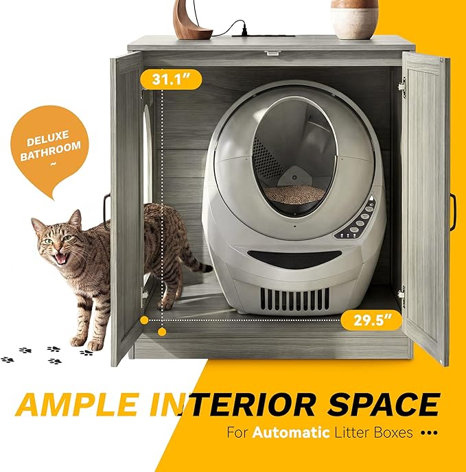 YITAHOME Large Hidden Litter Box Furniture with Power Outlets, Wooden Cat Litter Box Enclosure for Self-Cleaning Litter Boxes, Indoor Wooden Storage Cat Cabinet, Wash Grey