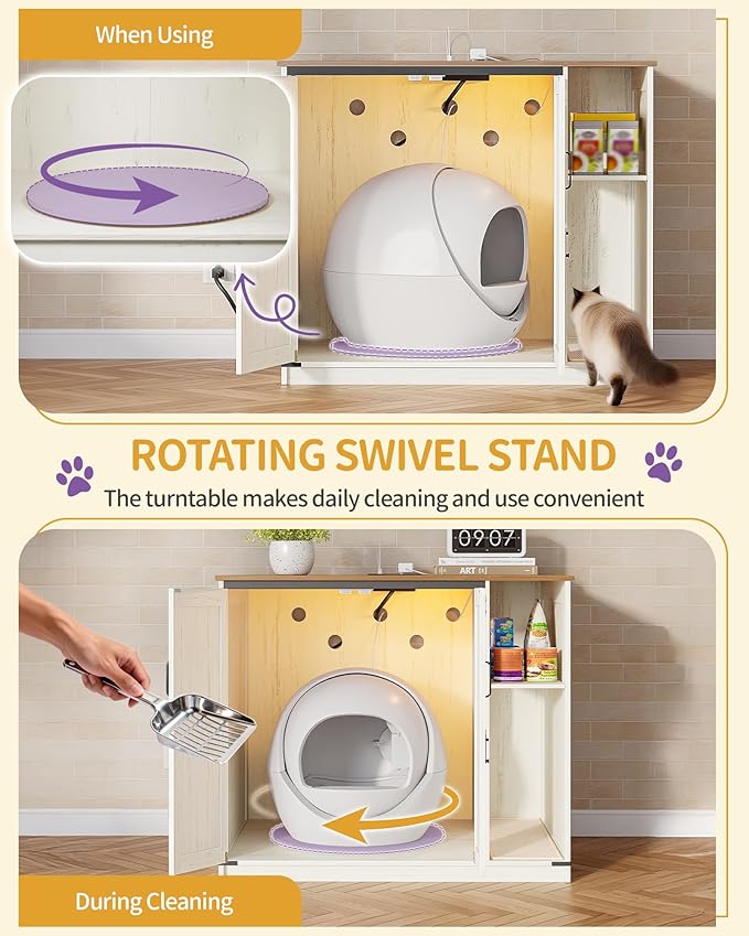 Extra Large Cat Litter Box Enclosure, Hidden Self-Cleaning Litter Box Furniture with Rotating Stand, Farmhouse Cat Cabinet with Power Outlet & Light, Cats House, Rustic White CB86414XV1