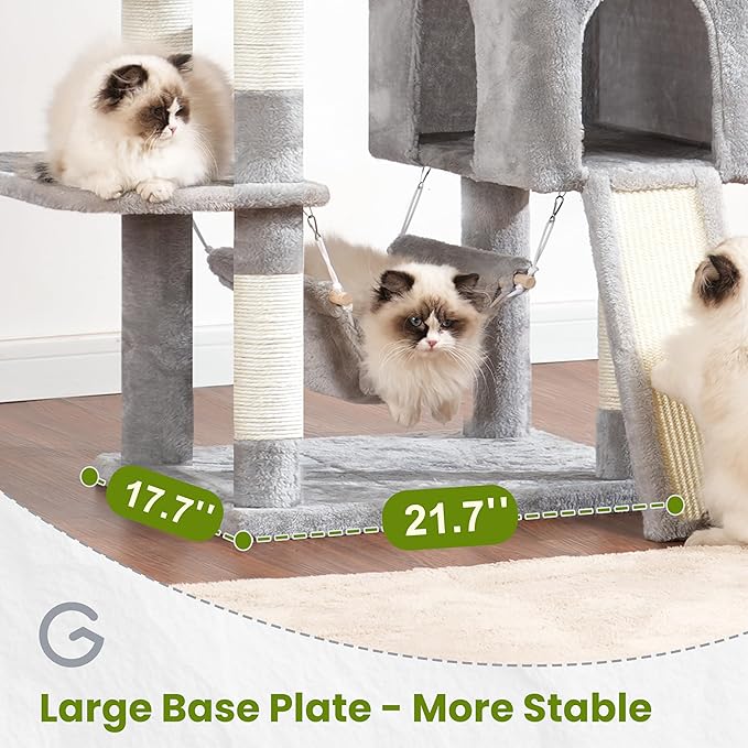 Gitelsnour Cat Tree for Indoor Cats, 71'' (180cm) Multi-Level Cat Tower for Large Adult, Sturdy Cat Tree House with 2 Scratching Boards 7 Posts, 2 Plush Perches/Condos, Hammock, Light Gray GCT032W