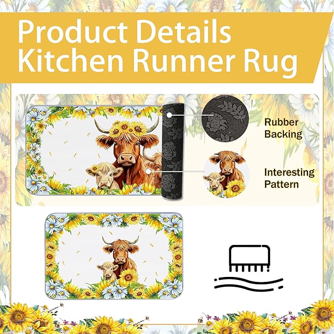 10 PCS Highland Cow Decor Kitchen Accessories - Sets 4 Dish Towels 2 Pot Holders 2 Oven Mitts 2 Rugs for Home Sweet Home Sunflower Cattle Bathroom Cooking Farmhome Housewarming Baking Gifts