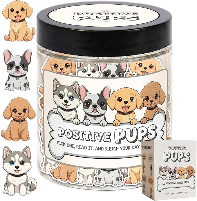 Positive Pups Jar with 60 Daily Affirmation Cards, Emotional Support Dog Gift for Women, Dog Mom Gifts, Funny Gifts for Teens Girls Coworkers Teachers, Inspirational Puppy Desk Decor