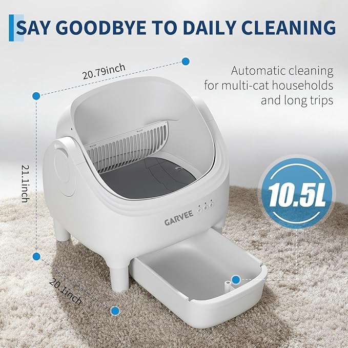 Garvee Open-Top Automatic Cat Litter Box with APP Control, Odor-Free Waste Disposal Includes Trash Bags, 10.5L Large Waste Bin, Self Cleaning Litter Box for Multiple Cats, White