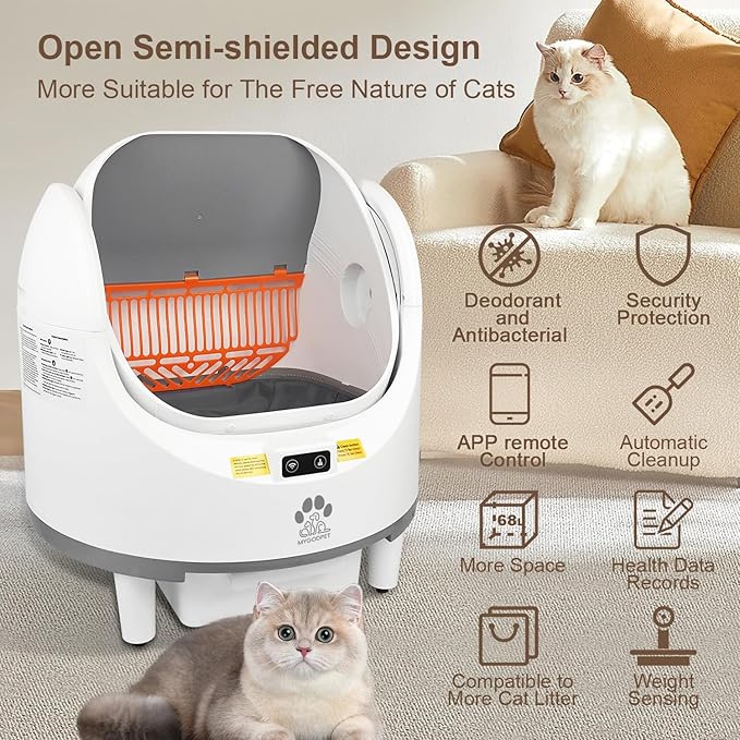 Self Cleaning Cat Litter Box, Open-Top Automatic Cat Litter Box for Multiple Cats, with Safety Protection, Smart App Control, Removable Washable Liner