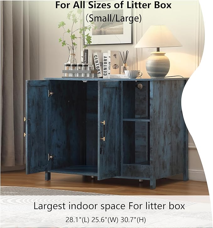 Large Cat Litter Enclosure With Litter Collector, Enclosure for self-Cleaning Litter Boxes,Adjustable Shelf for Dog Proof and Storage,Outlet,Lock Added for cat,Cat Washroom Cabinet,Blue