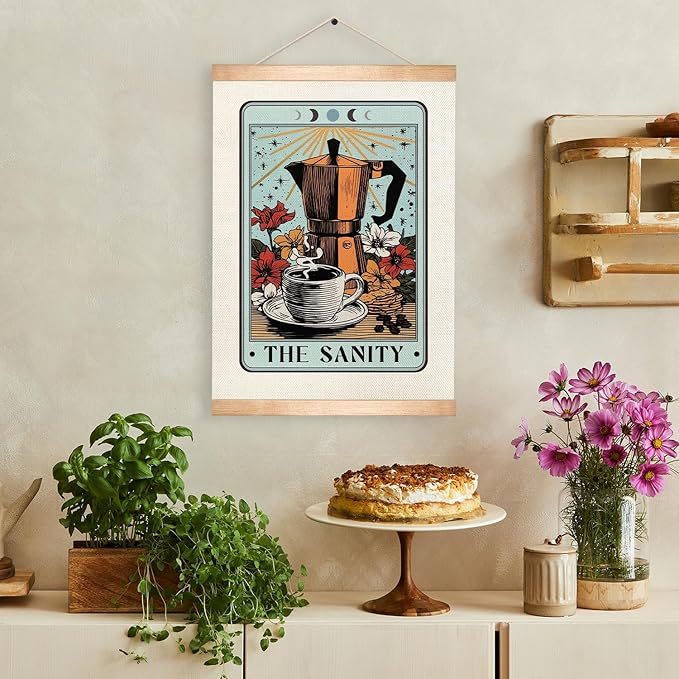 HEYJEEPER The Sanity Tarot Card Wall Art, 14x18inch Vintage CoffeePot and Floral Linen Poster,Boho Wall Hanging Decor for Kichen,Coffee Bar,Cafe Shop,or Office,Coffee Lovers Gift(The sanity)