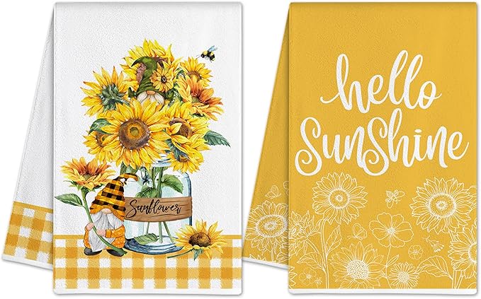 Hexagram Sunflower Kitchen Towels Set of 2, Sunflower Decor Gifts for Women, Funny Cute Housewarming Dish Hand Towels for Home Kitchen Decor