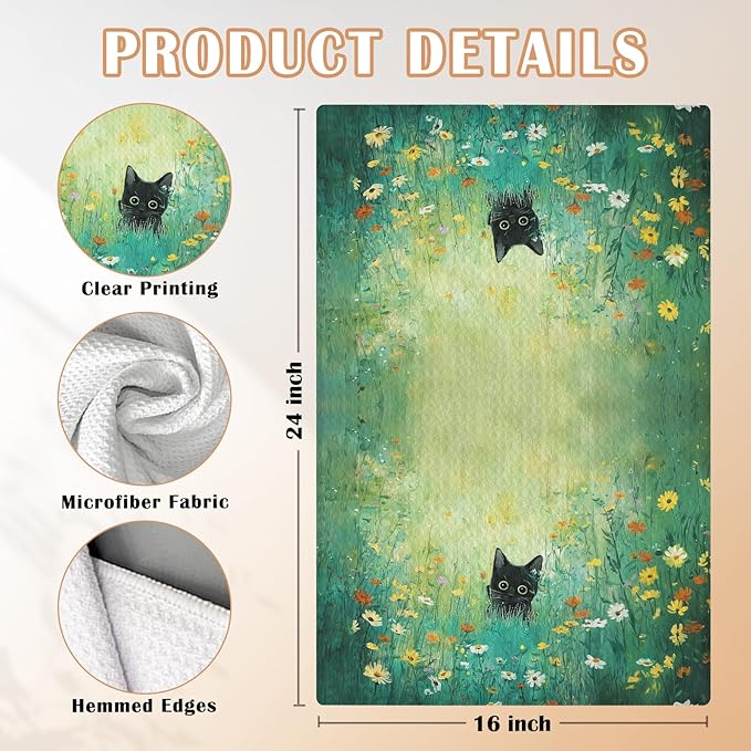 Green Meadow Floral Black Cat Decorative Kitchen Towels, Cat Lover Mom Lady Gifts, Aesthetic Cute Black Kitten Flower Hand Tea & Dish Towels for Bathroom Kitchen, 16x24 Inch