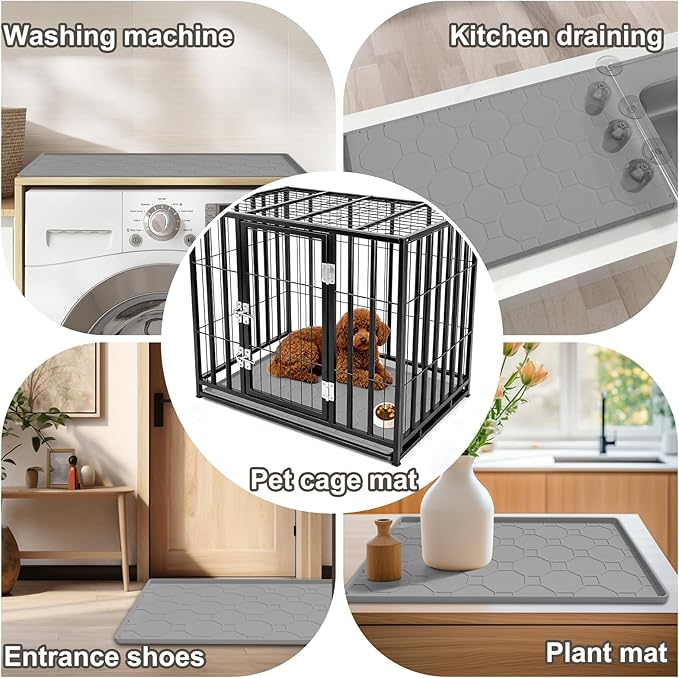 Silicone Cat Litter Mat, 34“ x 22” Waterproof Cat Litter Mats for Floors, Raised Edges Prevent Leaks and Make Cleaning Easy (Gray)