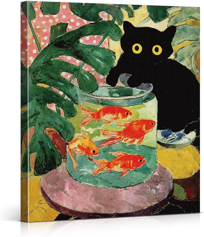 Vintage Cat Goldfish Wall Art Decor Funny Botanical Kitten Print Picture Cat Lover Gifts Wall Decor for Home Living Room 8x10 Inch Canvas Framed