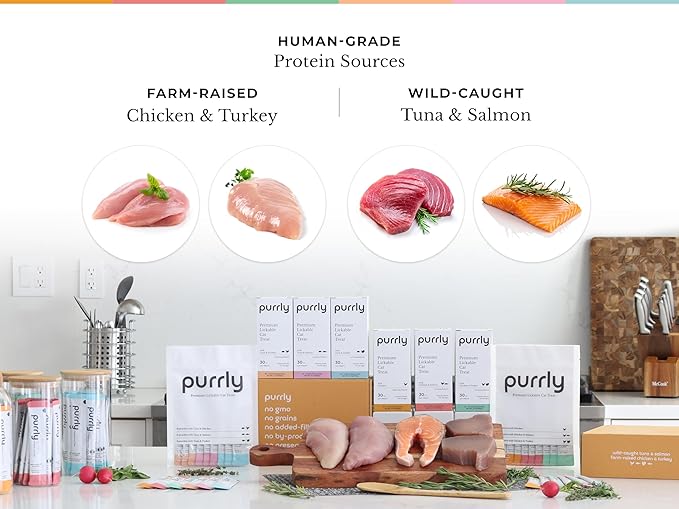 Purrly Hydrating Wet Cat Treat Snack Topper Creamy Purée Human-Grade Chicken Breast & Salmon with Omega-3 & 6 for Skin & Coat (30 Count) Healthy Lickable Squeeze Soft Training Snack Low-Phosphorus