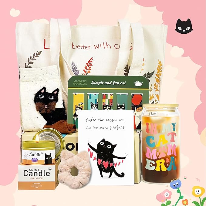 Cat Lover Gifts For Women, Cat Mom Gifts, Cat's Themed Box For Crazy Cats Lady, Mothers Day Gift For daughter, Christmas Birthday Gift For Cats Lovers Bestfriend Coworke Daughter with 16 oz Glass Cup