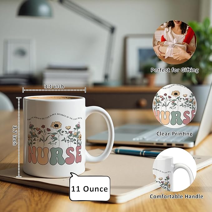 Boho Floral Nurse Mug 11 oz, Nurse Week Graduation Appreciation Gifts Coffee Cups Ceramic, Nursing Student Gifts Ceramic Mug for Coffee Tea Hot Cocoa Home Office Work