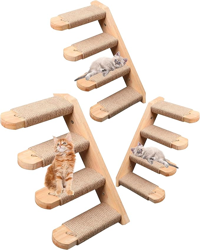 Skywin Cat Wall Steps, 3 Pack Wooden Color Solid Rubber Cat Stairs for Wall, Great for Scratching and Climbing, Easy to Install