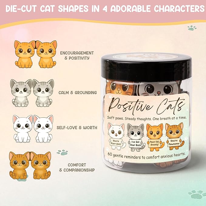 Positive Cats Jar – 60 Affirmation Cards for Anxiety & Self Care, Cat Mom Gifts For Women, Cat Gifts for Women, Teens & Men, Cats Lover Themed Gift, Easter Basket Stuffers For Teens, Kids, Toddler