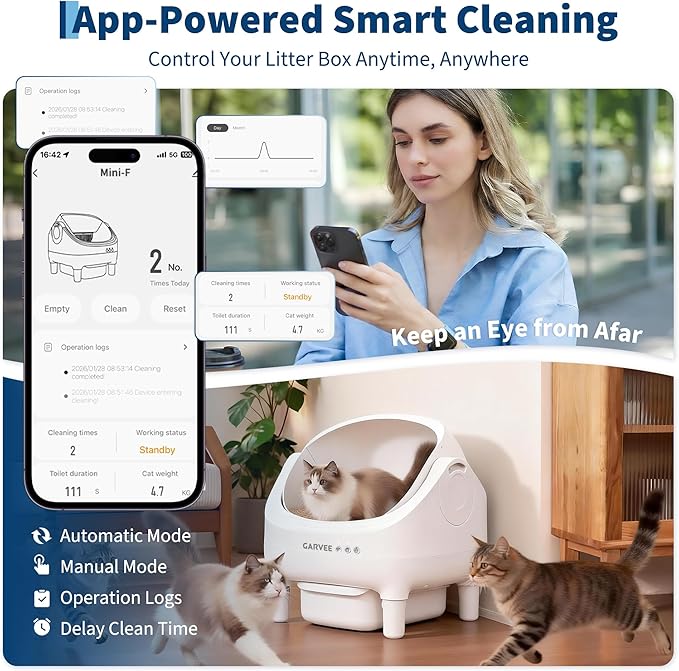 Self Cleaning Litter Box, Automatic Cat Litter Box with APP Control, Odor-Free Waste Disposal Includes Trash Bags, Large Waste Bin, Open-Top, for Multiple Cats, White