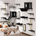 12-in-1 Cat Wall Shelves, Wall Mounted Cat Climber with Condo House, Scratching Post, Bridge Ladder, Space-Saving Indoor Play Furniture for Kittens, Black