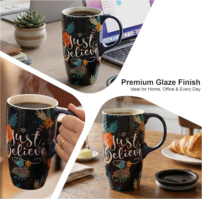 Topadorn 17oz Ceramic Travel Mug with Lid & Handle, Porcelain Coffee Cup with Gift Box, Dishwasher & Microwave Safe, Ideal for Daily Use, Commute & Gifting