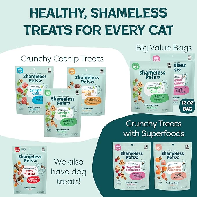 Shameless Pets Crunchy Cat Treats - Catnip Treats for Cats with Digestive Support, Kitten Treats with Real Ingredients, Natural & Healthy Flavored Feline Snacks - Catnip N Chill Chicken Liver, 12 oz