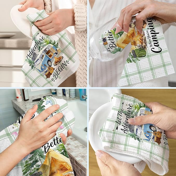 Hexagram Camping Kitchen Towels Set of 2, Camping Decor Gifts for Women, Funny Cute Housewarming Dish Hand Towels for Home Kitchen Decor