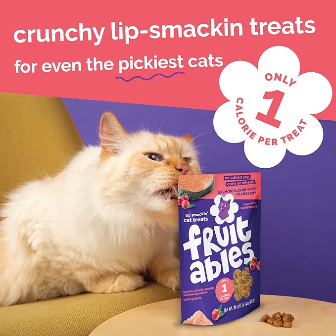 Fruitables Cat Treats, Healthy Treats For Cats, Low Calorie and Packed with Protein, Crunchy Biscuits, No Wheat, Corn or Soy, Made with Real Salmon and Cranberry, 2.5oz