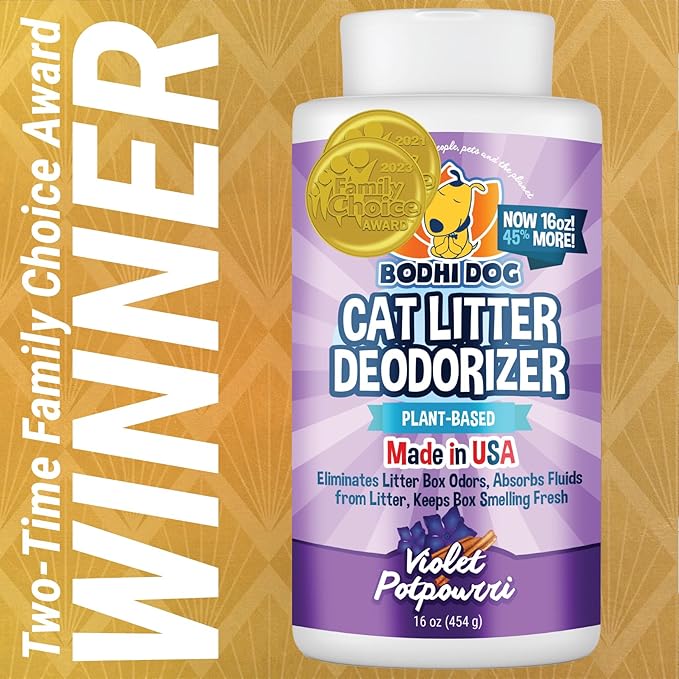 Bodhi Dog Cat Litter Odor Eliminator - Natural Gentle Deodorizer & Freshener for Strong Urine Smell - Long-Lasting Formula, Easy to Use, Reduces Litter Box Changes - Violet Potpourri Scent