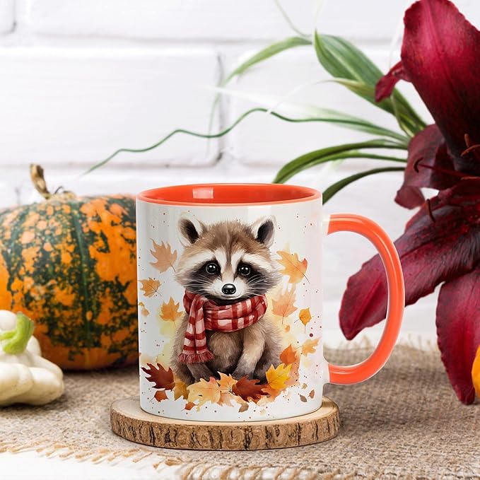 Hyturtle Fall Raccoon Coffee Mug - Birthday Gifts For Raccoon Lovers - Fall Autumn Decor For Farmhouse Thanksgiving - Raccoon Gifts For Women - 11oz Two Tone Orange/White Ceramic Coffee Tea Mug Cup
