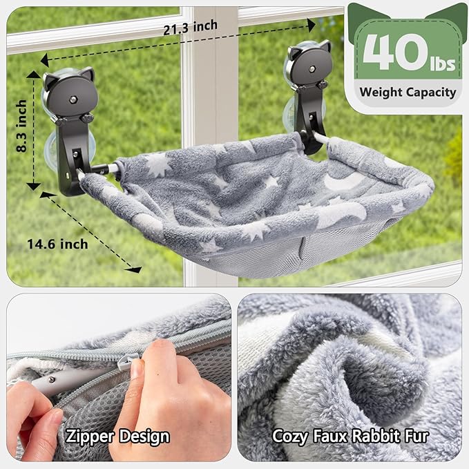 JUNSPOW Cat Window Perch Cordless, Glow in The Dark & Stable Cat Beds- Breathable Window Hammock for Overlooking, Sunbathing and Climbing - Maximum Hold Up to 40lb(Grey)