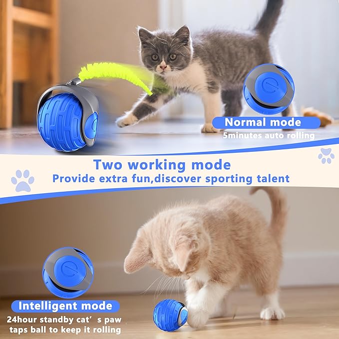 Cat Toys,Interactive Cat Toys Ball for Bored Indoor Cats,Automatic Rolling,Drop Resistant and Obstacle Avoidance,2 Modes Adjustment,Fluffy Tail and USB Type-C Rechargeable（Blue）