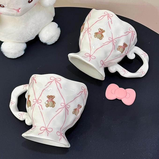 Cute Coffee Mug with Pink Bow Bear, Handmade Kawaii 14 oz Ceramic Mug for Tea Milk Latte Cocoa Funky Novelty Porcelain Cup Birthday Mothers Day Gifts for Women, Valentines Day Gifts for Her