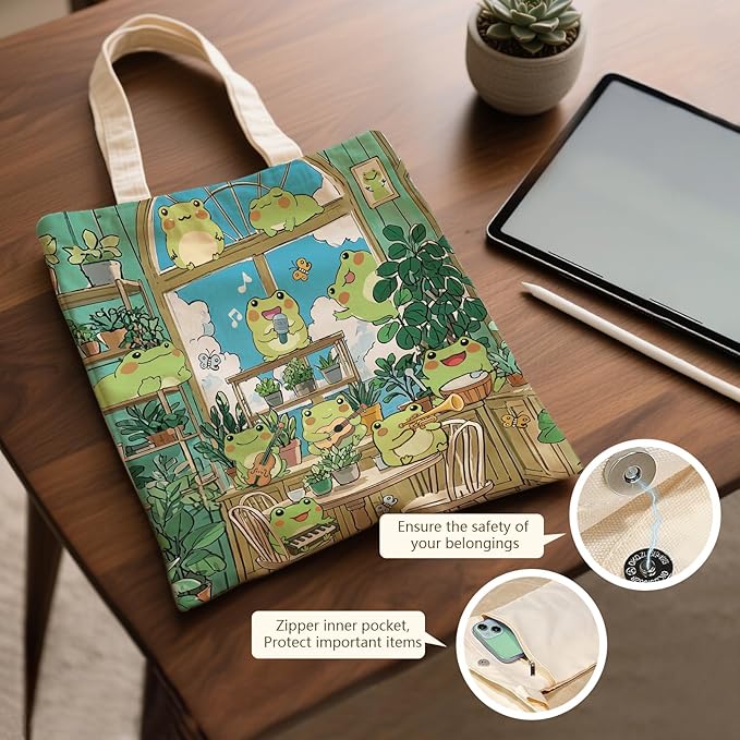 Aesthetic Canvas Tote Bag for Women - with Magnetic Snap Closure & Zipper Inner Pocket Reusable Bag for Shopping